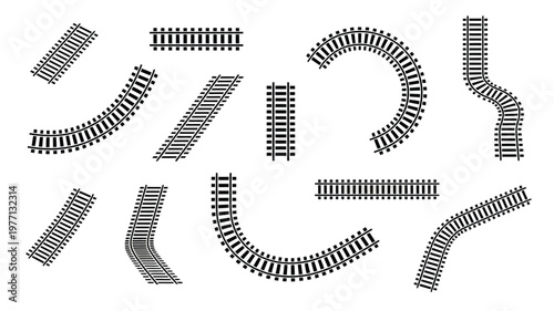 Railroad Tracks And A Fence In Various Curved And Straight Configurations, Rendered Illustration, Railway Infrastructure Graphics, Train Track And Barrier Design