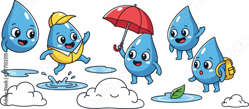Cute water drop kids cartoon set playing in rain with umbrella puddles backpack and fun rainy day characters isolated on white background