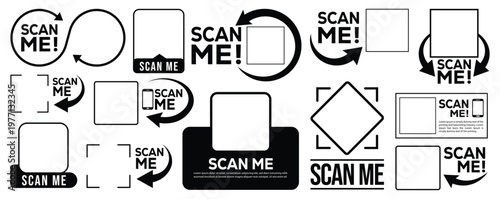 Collection of minimalist black and white scan me QR code frames, labels and icons with arrows, speech bubbles and smartphone symbols. Modern UI elements for marketing.