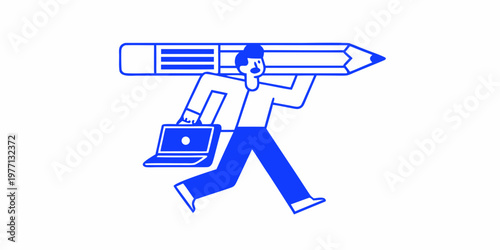 Man carrying a giant pencil and working on a laptop