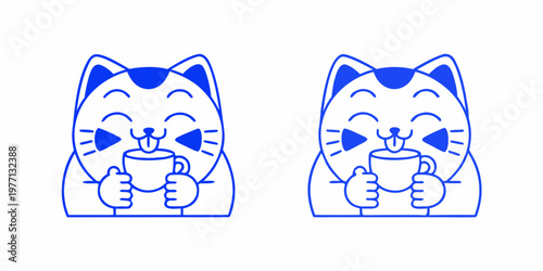 Two adorable blue line art cats enjoying a warm beverage
