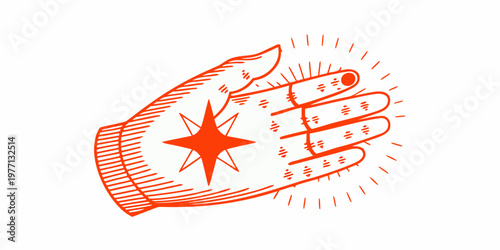 An orange hand illustration with a star design on the palm