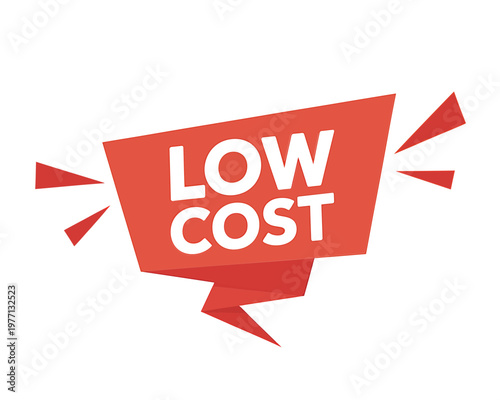 Red banner proclaiming low cost with dynamic ribbon and burst shapes