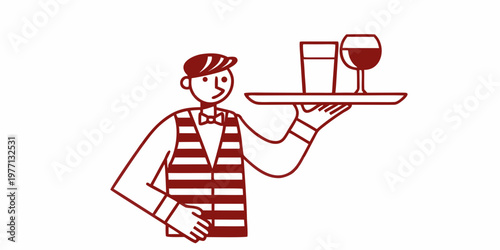 A waiter carrying two glasses of red wine on a silver tray