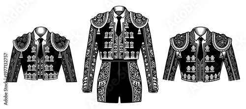 Traditional Spanish matador bullfighter costumes in detailed woodcut engraving style