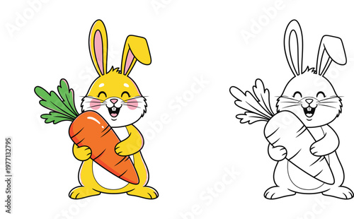 Happy Cartoon Bunny Holding a Big Carrot Vector Illustration Set with Colored Version and Black and White Line Art Outline for Kids Coloring Book Page, Cute Rabbit Mascot Character