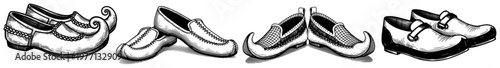 Collection of traditional folk shoes and slippers in detailed vintage engraving style