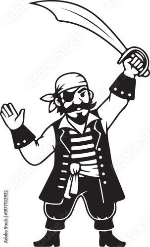 Cartoon pirate mascot character holding a cutlass sword