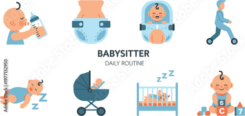 Babysitter daily routine icons illustrate various activities such as feeding, changing diapers, walking in a stroller, and playing with blocks in a flat design style.