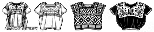 Set of traditional Mexican huipil blouses with detailed embroidery in woodcut engraving style