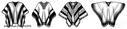 Collection of traditional South American ponchos with ethnic patterns in vintage engraving style