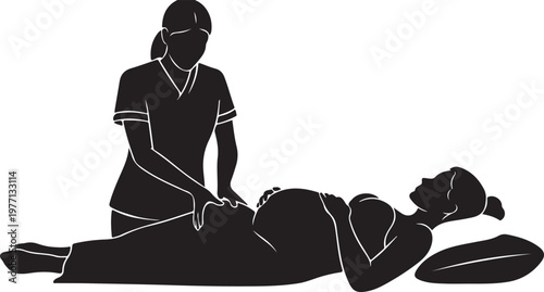 Silhouette of a midwife or doctor performing a prenatal checkup