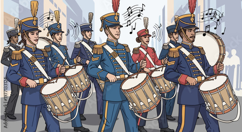 Drummers in a marching band play music in a city parade.