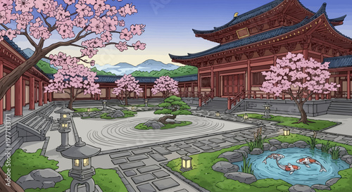 Traditional Japanese Zen garden with cherry blossoms and a temple illustration