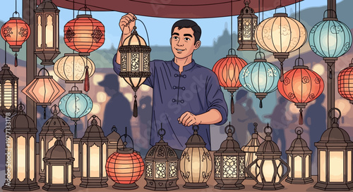 Smiling man displaying traditional lanterns at a festive Asian night market illustration