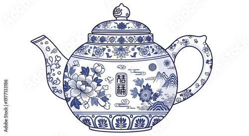 Traditional Chinese blue and white porcelain teapot with floral patterns