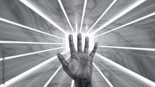 A human hand reaching toward a bright light at the end of a marble corridor with neon lines