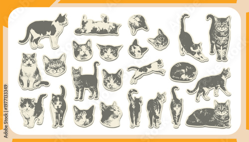 Large Collection of Vintage Style Cat Stickers Featuring Various Feline Poses, Cute Kitten Faces and Retro Textured Kitty Illustrations Vector Set