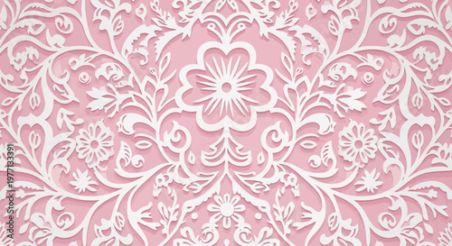 Intricate white floral lace pattern on a soft pink background