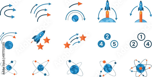 Rocket launch icons accompanied by orbital paths and numbered spheres visualize the stages of space travel and mission planning.