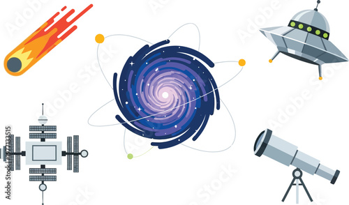 Space exploration elements including a spiral galaxy, a comet, a satellite, and a telescope appear on a clean white background.