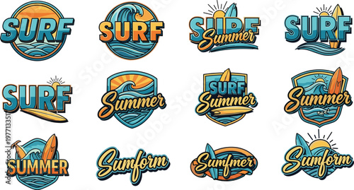 Surf Summer logo badge collection, beach vector artwork set, wave design graphic, coastal illustration motif, flat vector illustration