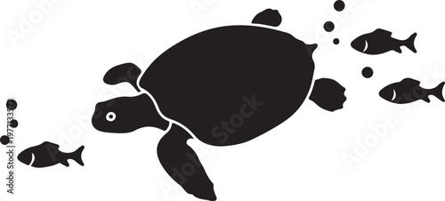Sea turtle swimming with small fish and bubbles silhouette vector illustration