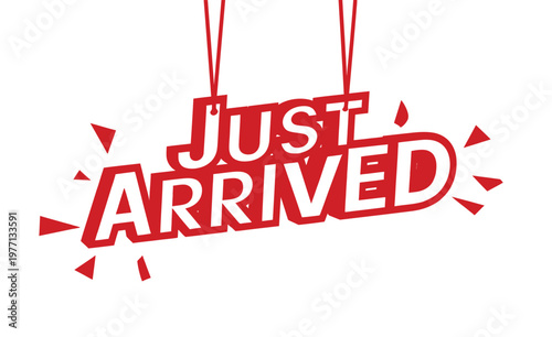 Cuadro en lienzo Bright red just arrived banner with starburst design hanging by strings