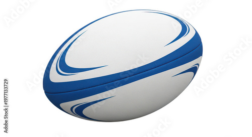 A sleek rugby ball with blue and white stripes and a white pattern on the surface isolated on transparent background png