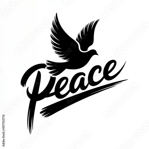 Black and white of a flying dove above the word peace on white background