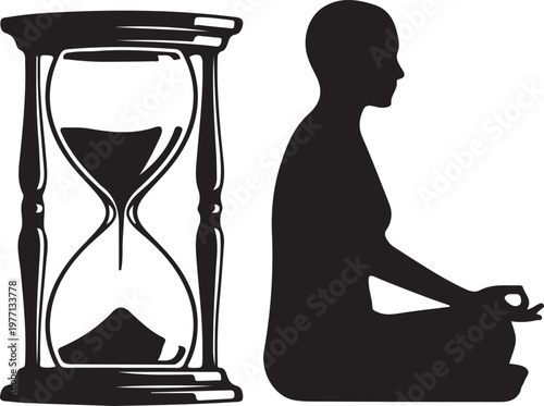 Silhouette of a person meditating next to an hourglass
