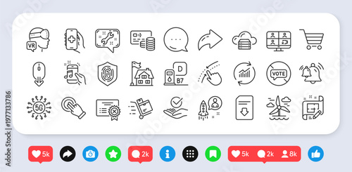 Music phone, Touchscreen gesture and Inventory cart line icons pack. Social media: share, comment, like icons. Cloud server, Market sale, Fingerprint web icon. Vector