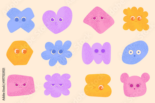 Cute abstract characters set with funny faces and grain texture, colorful blob mascots with emotions, playful cartoon shapes collection for stickers and social media design