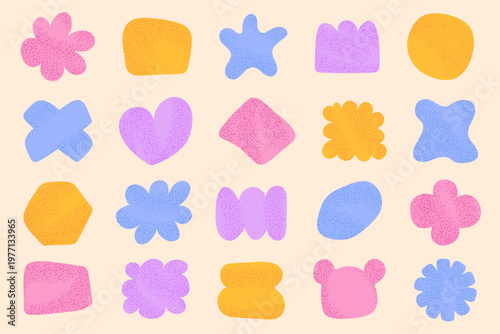 Abstract pastel blob shapes collection with soft grain texture, organic geometric elements set, modern colorful fluid forms for trendy design and backgrounds vector