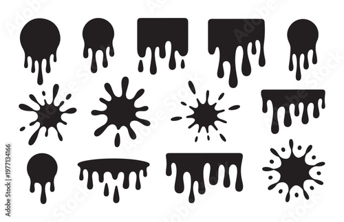 Dripping liquid silhouettes and ink splatters collection for creative backgrounds and abstract design art.