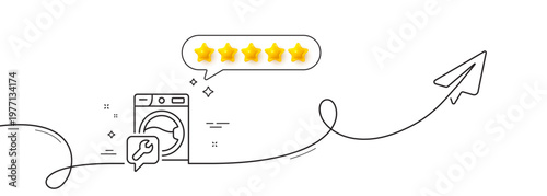 Spanner tool line icon. Continuous line with share plane. Washing machine repair service sign. Five star rate review in speech bubble. Washing machine single line ribbon. Loop curve pattern. Vector