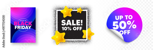 Sale photo frame 3d stars. Discount sticker banner. Sale 10 percent off discount. Promotion price offer sign. Retail badge symbol. Black friday poster. Promo background. Vector