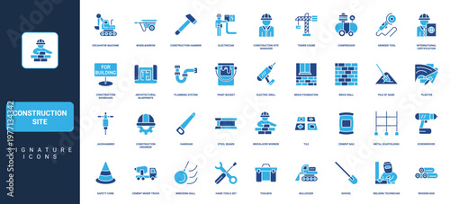 Construction site machinery and equipment, work of engineer and worker electrician glyph icon set. Tower crane and excavator, concrete mixer, plumbing solid symbols vector illustration