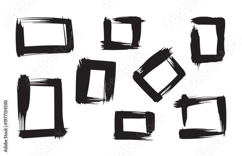 Rough ink brush stroke frames collection with messy textured edges for grunge style graphic design and layouts.