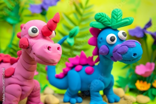 Cute clay baby dinosaurs pink blue purple near flowers playful stop motion style kids character scene