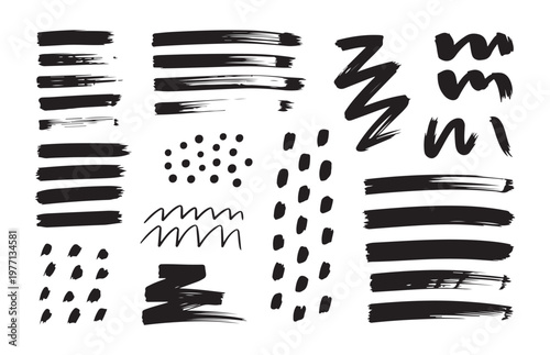Set of abstract hand drawn brush strokes lines dots and zigzags, modern graphic elements for design.