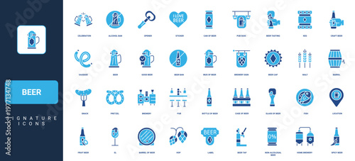 Beer production in brewery, pub keg with tap and bottle, mug and barrel glyph icon set. Craft beer and food of Oktoberfest, cheers toast of glasses solid symbols vector illustration