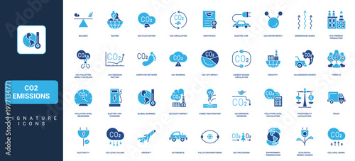CO2 emissions, exhaust and greenhouse gas reduction, global air pollution and footprint glyph icon set. Impact of industry on environment, climate solid symbols vector illustration