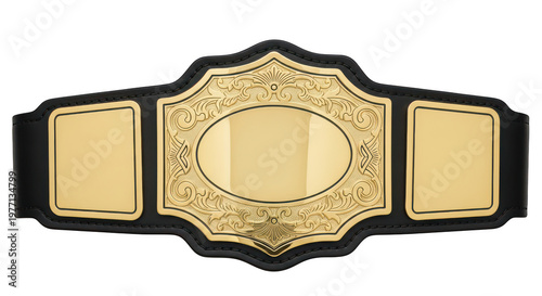 Golden championship belt with intricate design and decorative centerpiece isolated on transparent background png