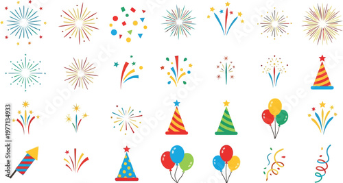Celebration icons featuring fireworks, party hats, and balloons are arranged in a festive grid pattern.