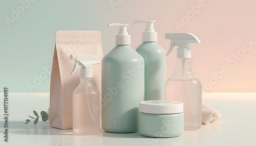 A collection of modern cleaning concept products ensuring optimal hygiene and efficient sanitation for contemporary housekeeping practices