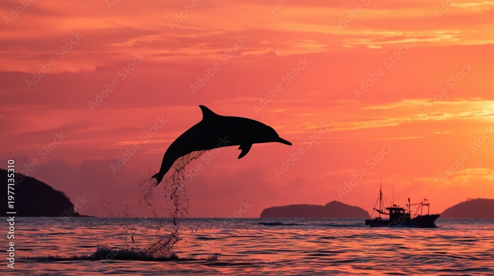 Naklejka premium Dolphin silhouette jumping over a calm ocean horizon during a dramatic orange and pink sunset with distant islands and a detailed fishing boat in sharp focus.