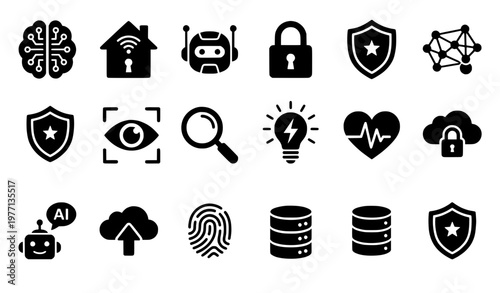 Artificial intelligence and digital security solid black icon set with robot brain lock and technology symbols
