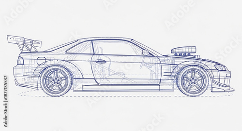 Detailed sketch of a modified sports car with a large spoiler.