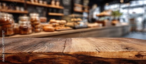 Rustic wooden table foreground, blurred bakery/coffee shop background with food